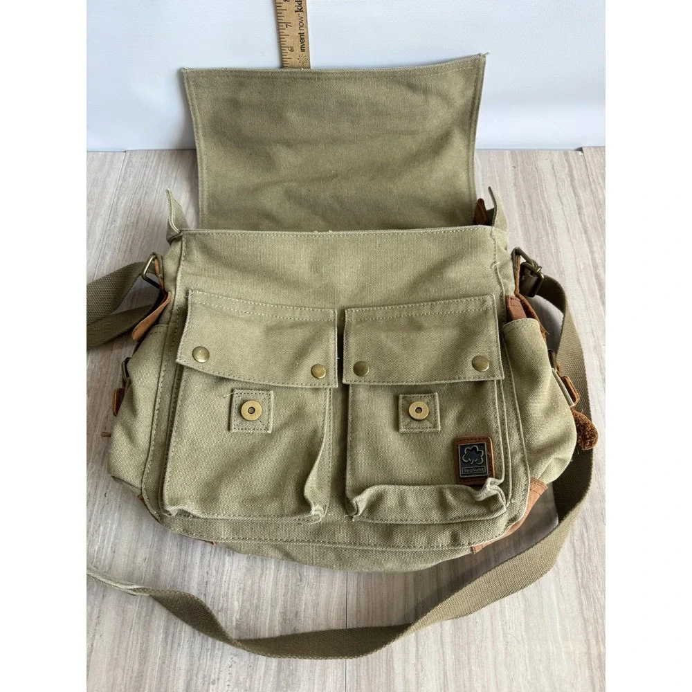 Sechunk Messenger Bag Olive Green Canvas Leather Trim Vintage Military Travel